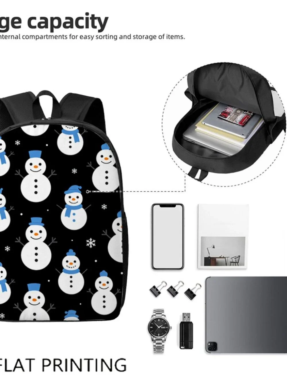 Snowman Christmas Backpack, Winter Cute Snowflake Print Casual Daypack 17 Inch L